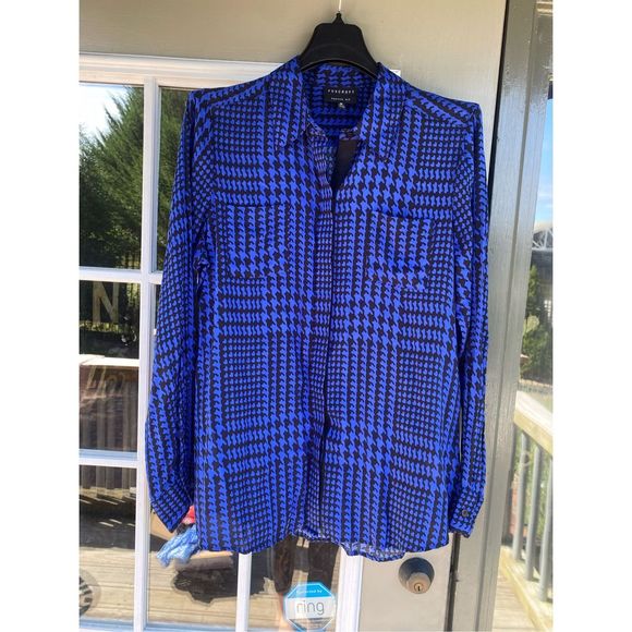 Foxcroft Shaped Fit Blue and Black Houndstooth Button-Up Blouse Sz 14, MSRP $94 - Picture 1 of 11